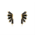 S925 sterling silver stud earrings featuring black crystal fan design with gold accents - Black Gold Fan Style (APE08)