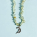 Irregular green crystal bead necklace featuring a moon and feather metal pendant charm - Prehnite Moon