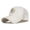 White large mesh baseball cap with gold shield embroidery and breathable summer fabric - Adjustable / Khaki