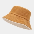 Detail of winter bucket hat showing camel suede and white faux shearling reversible fabric - M (56-58cm) / Camel