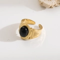 Vintage gold open ring with black oval natural stone and retro embossed patterns - R01033-Gold Black Oval Stone Vintage