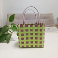 Handmade woven tote bag in vibrant green and purple checkered pattern with clear handles - Small / Green Purple