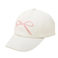 Detail of a cream baseball cap featuring a delicate pink embroidered bow design for kids - One Size / Beige