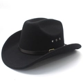 Classic black felt cowboy hat with wide brim, metal vents, and thin leather decorative band - M (56-58cm) / Black