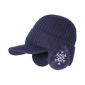 Winter dark blue knitted baseball cap with ear flaps and white snowflake pattern - Navy Blue