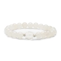 Close-up of translucent white beaded bracelet with clear faceted crystal pendant and metal spacers - White Crystal
