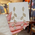 Elegant gold leaf-shaped long tassel earrings with silver needles and micro-set zircons - E0094 Gold Silver Needle (Full Diamond Leaf Tassel Gold)