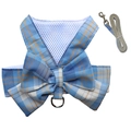 Close-up of blue plaid dog harness vest with large bow and matching leash set - Sky Blue Vest Set