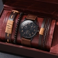 Men's fashion quartz watch set with brown canvas strap and leather bracelets in a gift box - Set 9 (No Box)