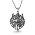 Wolfskopf-Totem-Anhänger an Kordelkette aus Edelstahl mit antikem Silberfinish - Stahlfarbene Halskette + Kordelkette