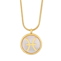 Gold stainless steel necklace with round white shell Pisces zodiac sign pendant - Pisces (KN201581-KLX)