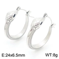 Silver snake-shaped titanium steel hoop earring with detailed scale texture in 24x6.5mm - Steel Color Black Eye Snake Head Style (KE113297-HM)