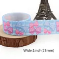 Light blue 1 inch ribbon with kawaii pink bow patterns on a rustic wooden base - Light Blue Bow Pattern (5)
