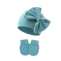 Close-up of ribbed knit baby beanie with large bow and matching anti-scratch mittens - Heather Gray Blue