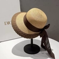 Cappello estivo da sole in paglia per donna con tesa larga e fiocco di seta marrone - Bordo Vivo Cachi (D-315)