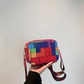 Women's Tetris pattern crossbody bag with a colorful ethnic style wide strap - Rose Red