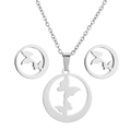 Detailed view of silver stainless steel necklace and butterfly stud earring jewelry set - 047 Round Frame Hollow Butterfly - Silver