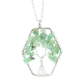 Macro detail of wire-wrapped tree of life pendant with green natural crystals on hexagonal frame - Green Aventurine