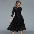 Slim fit black lace midi dress with 3/4 sleeves and elegant floral pattern for evening wear - S / Black