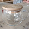 Minimalist heat-resistant borosilicate glass tea cup with a round bamboo lid and handle - Bamboo Lid Three-piece Set