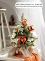 Mini árbol de Navidad de mesa 40cm con lazos naranjas, bolas y base de arpillera - Árbol de Navidad con Casa de Ciervo (50cm)