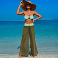 Three-piece bikini set with light blue bandeau top and olive green sheer mesh beach trousers - S / Olive Three-Piece Set