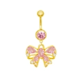 Piercing ombelico a farfalla dorata con strass rosa e cristalli chiari su sfondo bianco - Stile Fiocco Dorato (BR24091001-2)