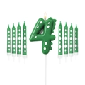 Green dinosaur number 4 birthday candle set with polka dot pencil candles for kids' party - Number 4 And Polka Dot Candles