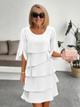 Close-up of white tiered chiffon dress with round neck and multi-layered ruffled hemline - S / White