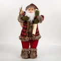 Statuetta di Babbo Natale con cappotto a quadri rossi, sci in legno e sacco di doni - 60CM