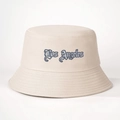 Close-up of Los Angeles gothic embroidery on beige canvas sun bucket hat detail - Beige