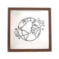 Square walnut wood ticket shadow box with airplane and world map illustration - Space Voyage 2026 / 15x15cm / Walnut