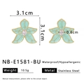 Detail showing blue flower stud earrings with zircon and stainless steel specs - Blue (NB-E1581-BU)