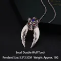 Double wolf tooth stainless steel pendant necklace with blue gemstone on black background - Small Double Wolf Tooth + 70cm Steel Chain