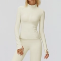 Chaqueta de fitness térmica blanco crema para mujer con cremallera y orificios para pulgar - S / Albaricoque Crema