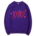 Purple crewneck sweatshirt featuring a pink XOXO heart print and knit cotton texture - S / Tops / Purple