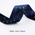 Deep blue velvet ribbon with gold foil star pattern and 50mm width for DIY hair accessories - 5cm / Navy Blue