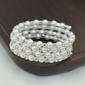 Elegant multi-layer bracelet featuring white pearls and rhinestones on wood tray - 4 Rows Silver