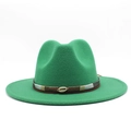 Close-up of bright green wool fedora hat with ethnic belt and shell buckle detail - Grass Green
