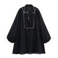 French style black chiffon mini dress with contrast white piping and lantern sleeves - XS / Black