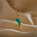 Elegant gold titanium dolphin necklace with teal enamel and zircon on champagne silk - Blue
