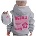 Loose grey hoodie for kids with Ocean Beach wave print and hibiscus floral design - 100cm / Light Grey (Pink Print)