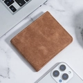 Slim brown matte suede bifold wallet for men with elegant stitching on marble surface - 7 Slots / Short Brown