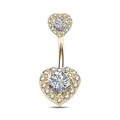 Golden double heart navel piercing ring with cubic zirconia inlay on white background - Gold