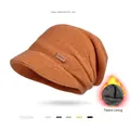 Winter knitted slouchy beanie in warm yellow with thick thermal fleece lining and visor - Caramel