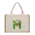 Beige canvas tote bag with brown trim and floral letter M print with green moss - Floral Letter M