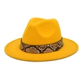 Detail of yellow wool fedora hat featuring a snakeskin leather band and metallic stud - M (56-58cm) / Yellow