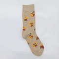 Close-up of khaki crew socks featuring cat in box pattern and ribbed elastic cuffs - One Size / Cat in Box