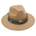 Detail of khaki fedora hat featuring bohemian turquoise beads and grey fringe band - One Size (Flat Brim) / Camel
