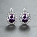 Elegant lever-back hoop earrings in silver finish with oval purple zircon stones - Platinum Plated Purple Zirconia